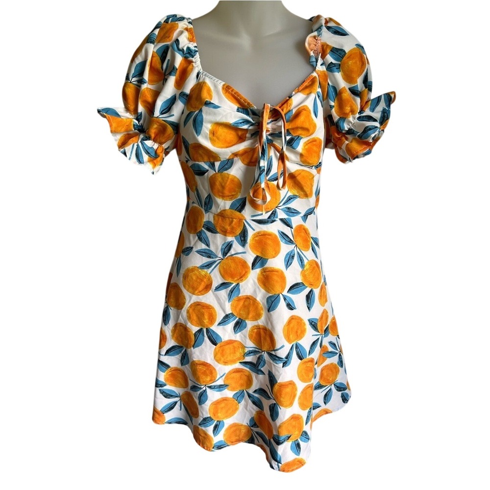 Cottagecore Babydoll Coquette Fruit Print Mini Dress Puff Sleeve Milkmaid Boho